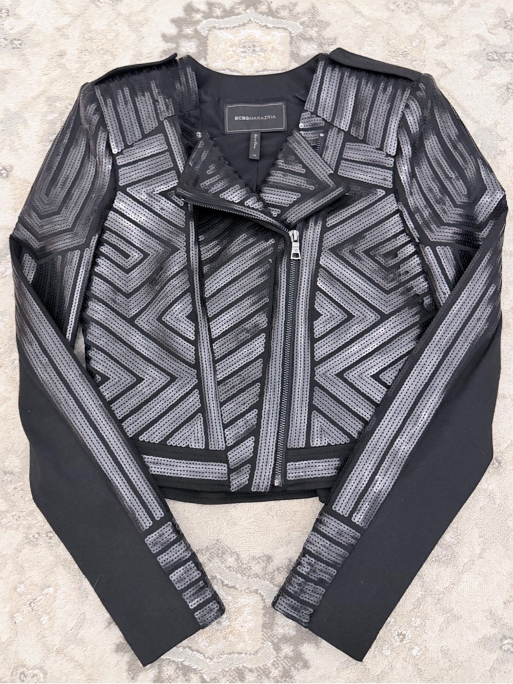 BCBGMaxAzria Suvi Black Geometric Sequin Moto Jacket